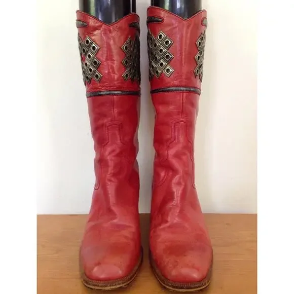 Vintage Francois Villon Paris Red Italian Leather Studded Cowgirl Boots 36.5 6 - Picture 3 of 10